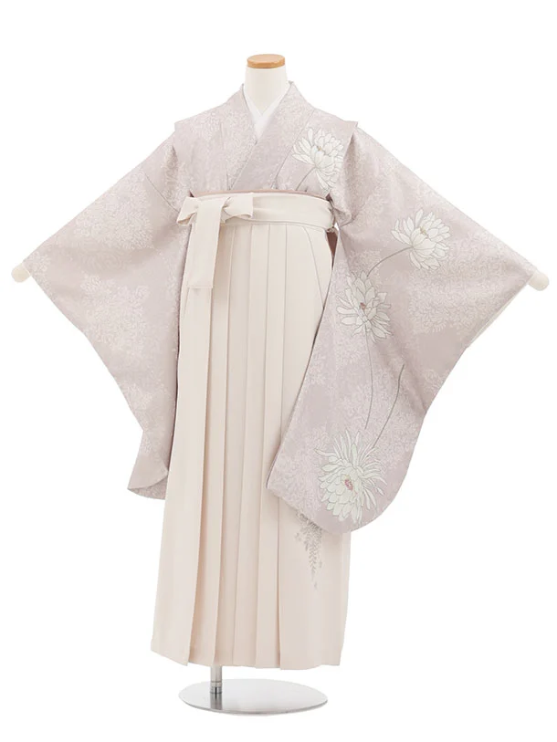 小学生かんたん袴(女の子) Z862 ピンクベージュダマク柄に花×アイボリー
