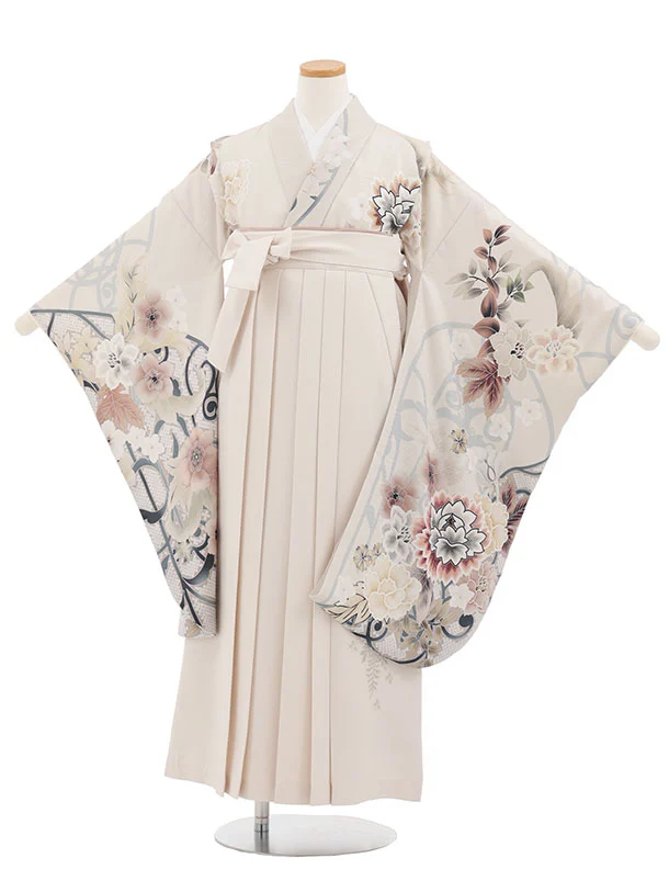 小学生卒業式かんたん袴(女の子) Z864 ベージュ花×アイボリー
