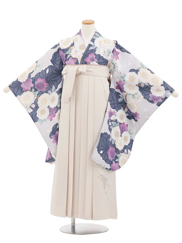 小学生卒業式かんたん袴(女の子) Z865 薄パープルグレーもみじ桜×アイボリー