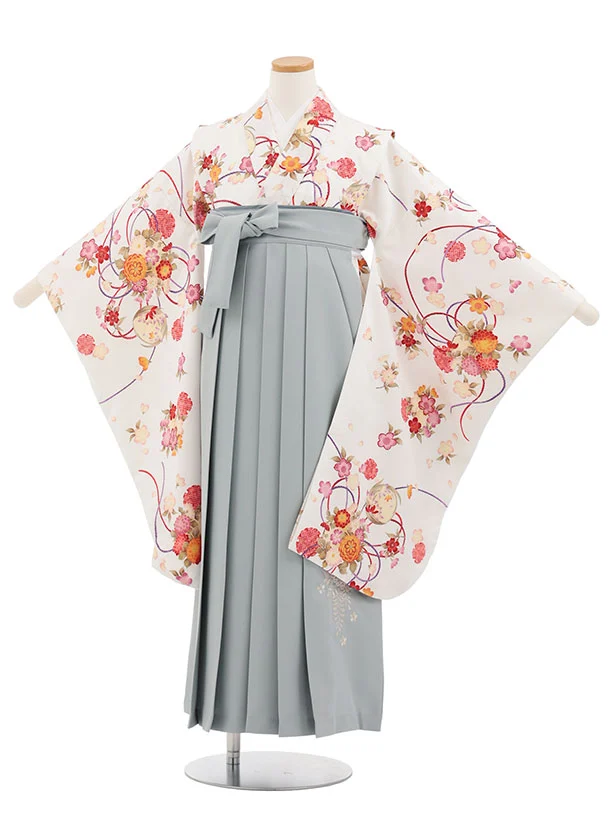 小学生卒業式かんたん袴(女の子) Z866 白地薬玉×薄グレー