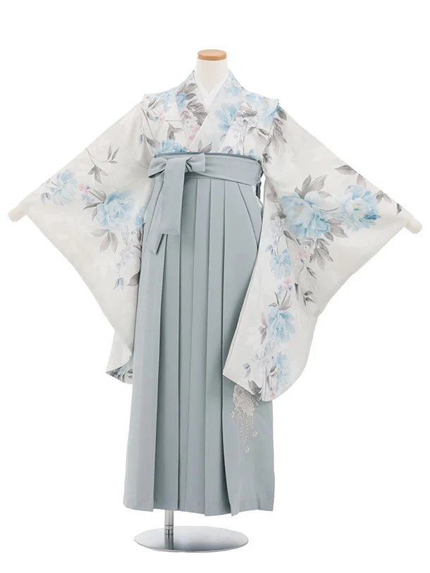 小学生卒業式かんたん袴(女の子) Z867 薄ベージュパステル花×薄グレー