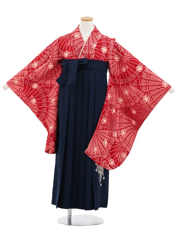 小学生卒業式かんたん袴(女の子) Z868 赤疋田柄梅×紺