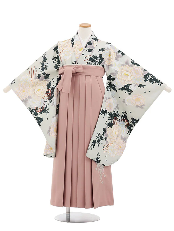 小学生卒業式かんたん袴(女の子) Z869 ペールグリーンブーケ×モーヴピンク