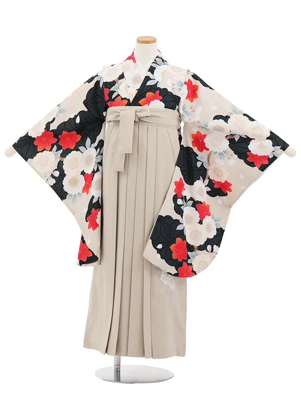 小学生卒業式かんたん袴(女の子) Z872 ベージュもみじ桜×ベージュ