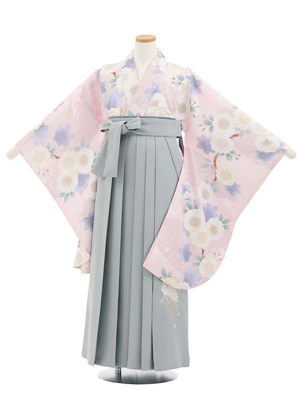 小学生卒業式かんたん袴(女の子) Z873 ピンクもみじ桜×薄グレー