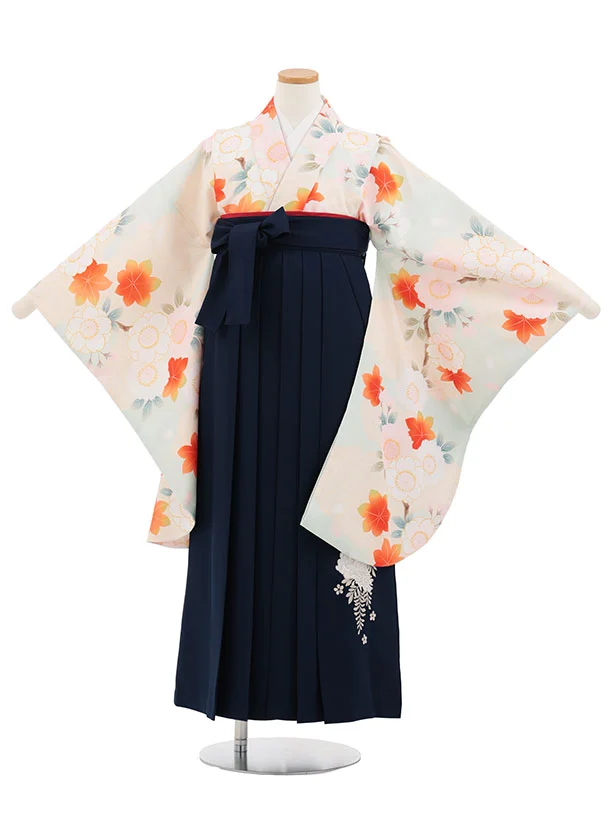 小学生卒業式かんたん袴(女の子) Z874 ペールグリーンもみじ桜×紺