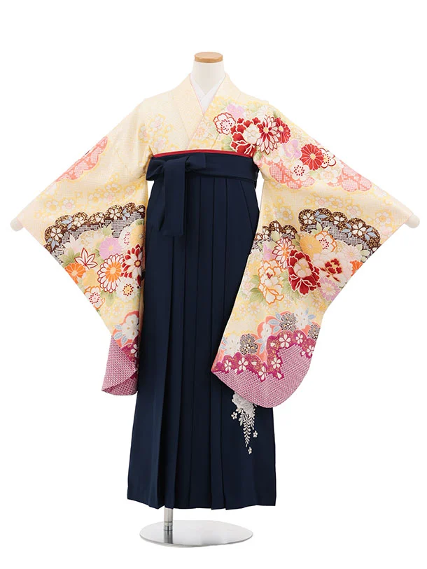 小学生卒業式かんたん袴(女の子) Z875 クリームイエロー疋田柄柄花×紺