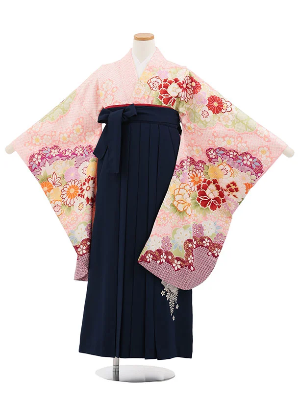 小学生卒業式かんたん袴(女の子) Z876 ピンクホワイト疋田柄古典花×紺