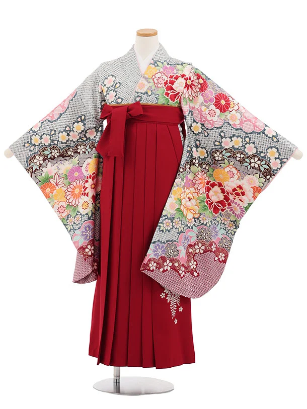 小学生卒業式かんたん袴(女の子) Z878 ブルーグリーン疋田柄古典花×エンジ