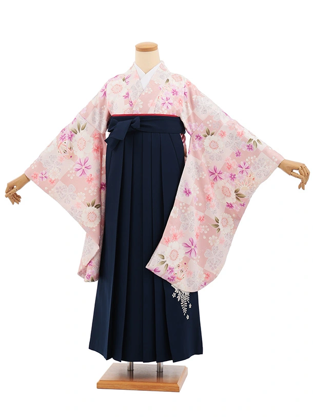 小学生卒業式かんたん袴(女の子) Z905 ピンク桜×紺