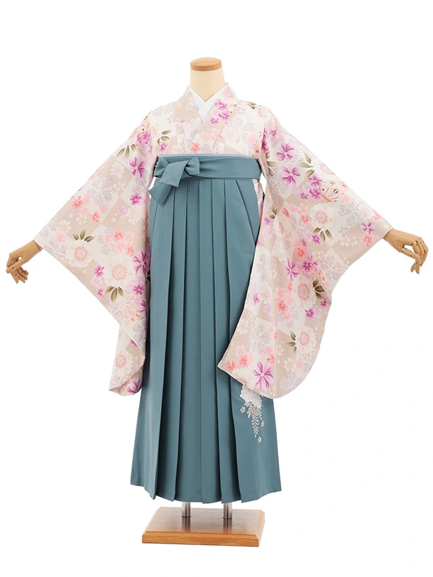 小学生卒業式かんたん袴(女の子) Z906 薄茶色桜×ブルーグレー