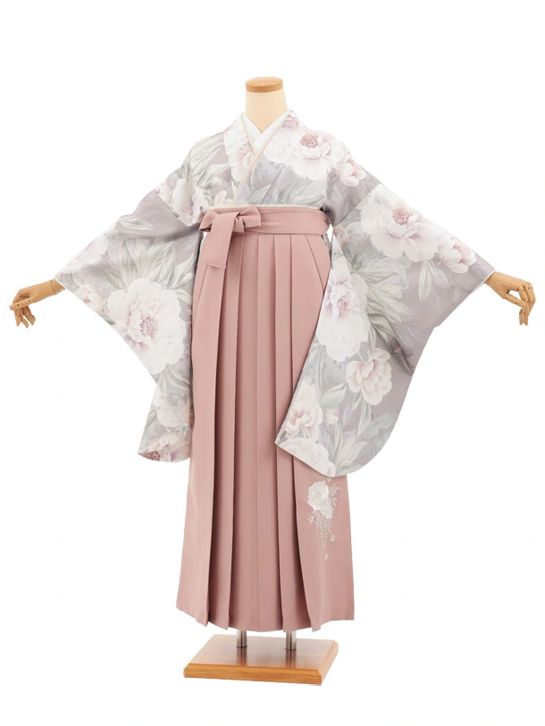 小学生卒業式かんたん袴(女の子) Z931 グレージュ 花×ピンク | 着物