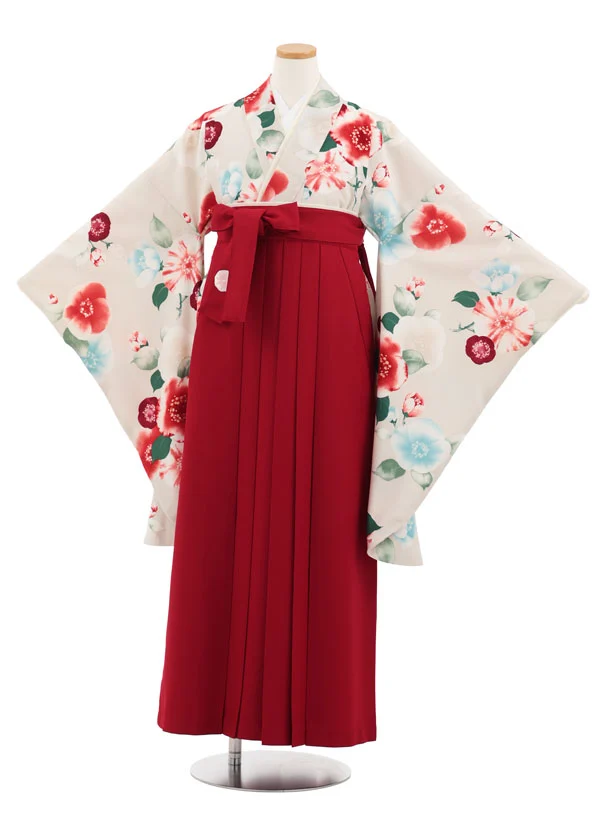 小学生かんたん袴 Z977 JAPANSTYLE うすベージュ椿×エンジ | 着物