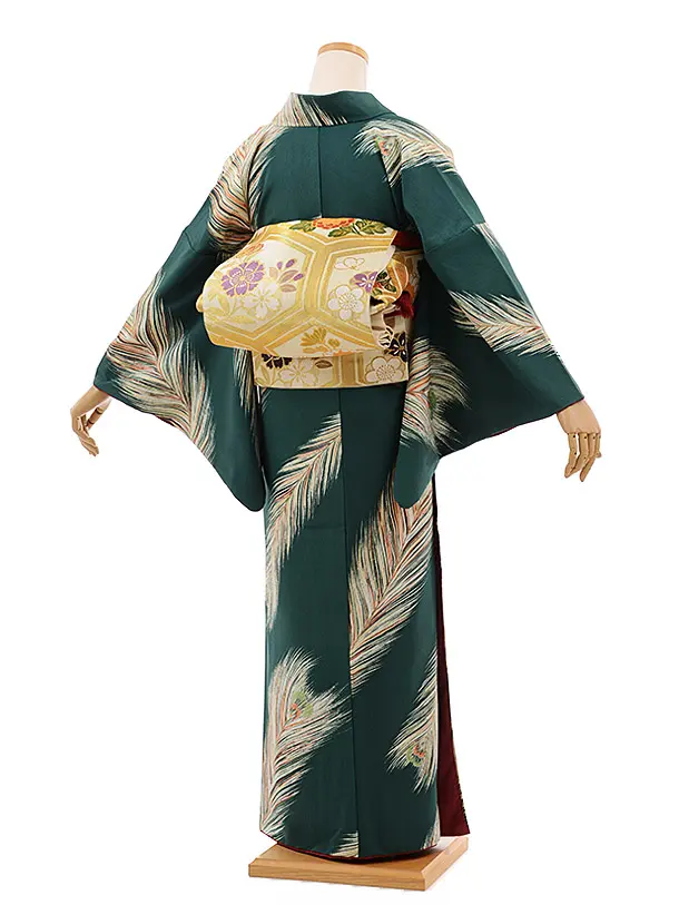 小紋ﾚﾝﾀﾙ461緑に孔雀羽(化繊) | 着物レンタルの京都かしいしょう