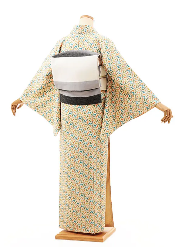 小紋1051 アイボリーブルーオレンジ 風車(正絹) | 着物レンタルの京都