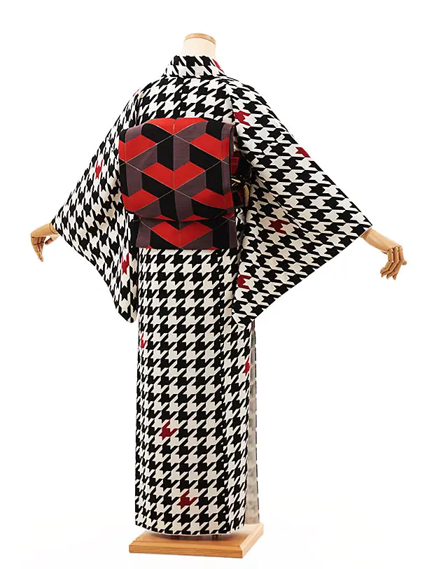 小紋1307 白黒 千鳥格子(化繊) | 着物レンタルの京都かしいしょう