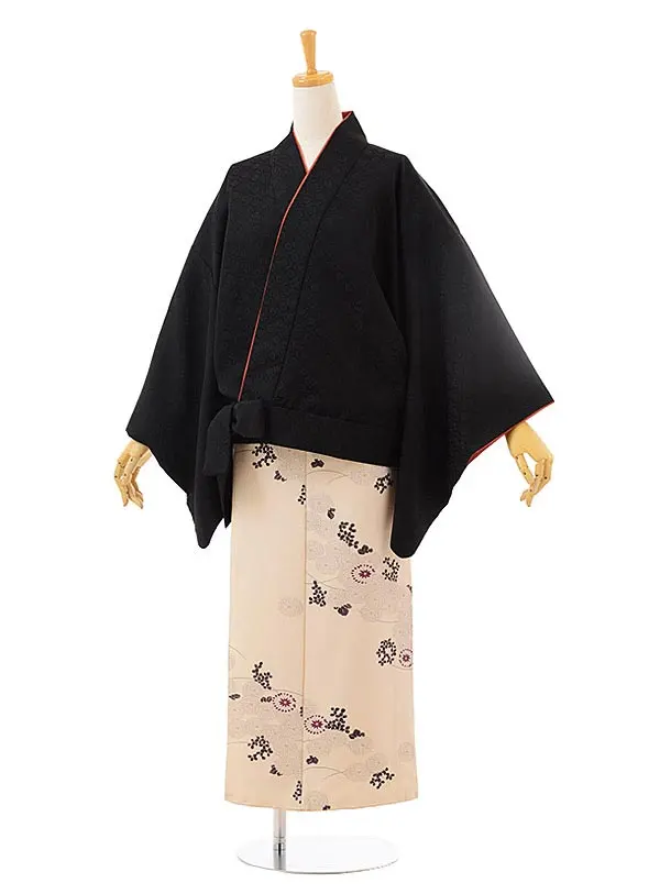 二部式着物 0009 ベージュ小菊×黒地模様スカート | 商品詳細