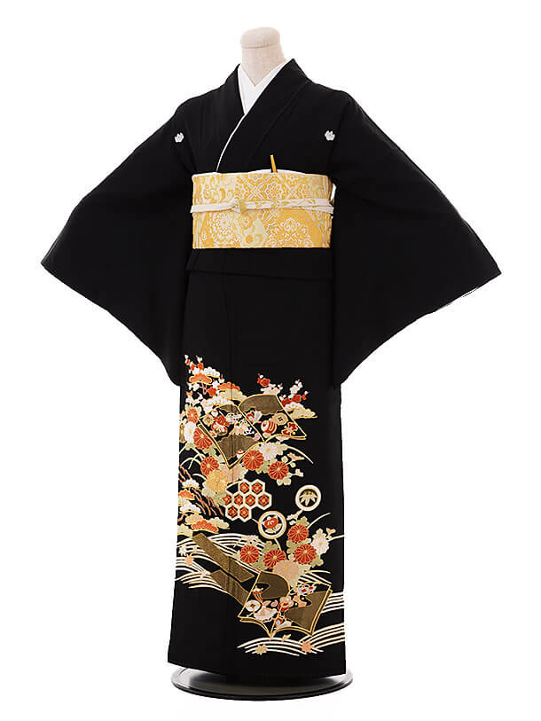 黒留袖レンタルQ4-80 総手刺繍 水面 菊