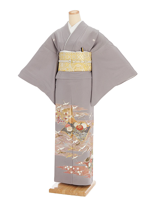 色留袖レンタル645ｸﾞﾚｰ地松梅おしどり | 着物レンタルの京都かしいしょう