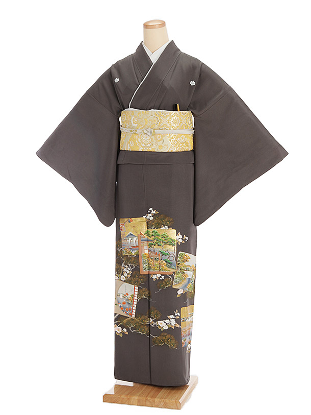 色留袖レンタル645ｸﾞﾚｰ地松梅おしどり | 着物レンタルの京都かしいしょう