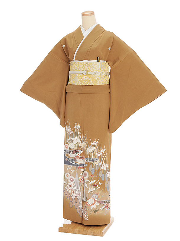 色留袖レンタル669黄土色おしどりあやめ | 着物レンタルの京都かしいしょう