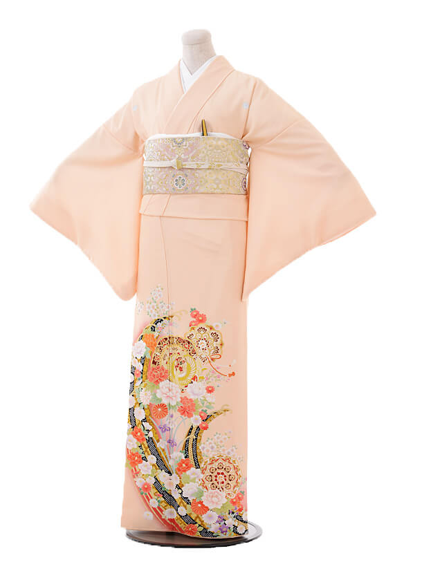 色留袖レンタル702薄オレンジ色立浪に裏鏡 | 着物レンタルの京都かしい 
