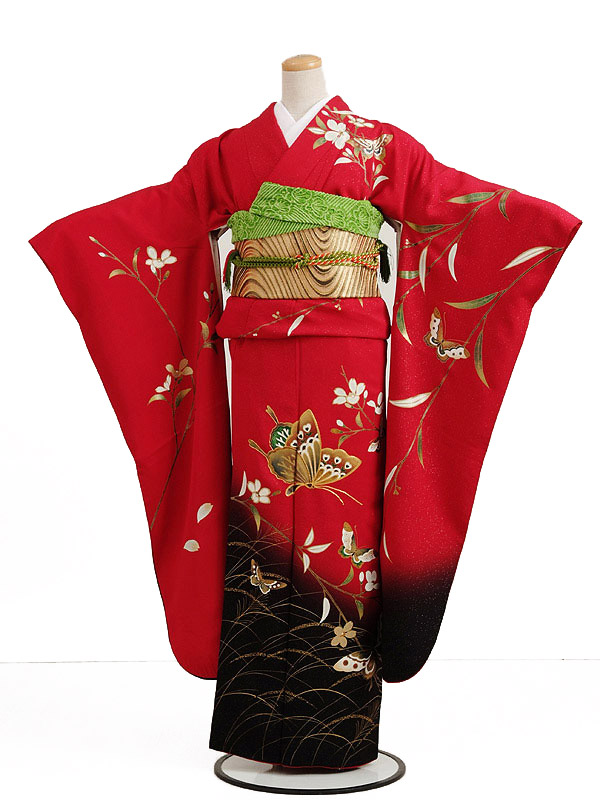 振袖レンタル96赤×黒ラメに蝶 | 着物レンタルの京都かしいしょう