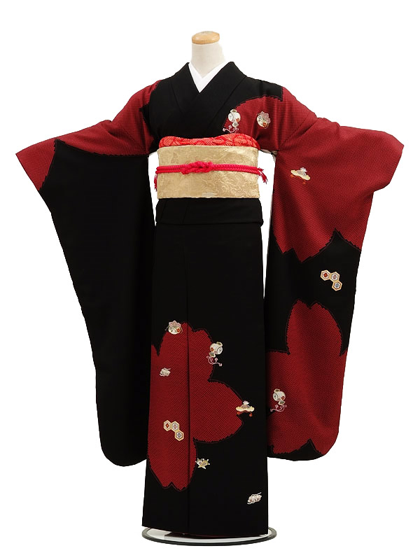 振袖レンタル378黒地赤桜 | 着物レンタルの京都かしいしょう