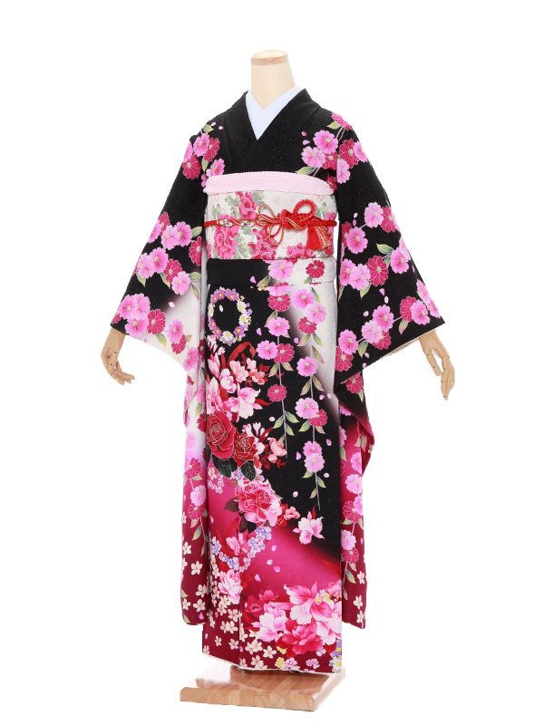 振袖レンタル259J.MODE黒×ピンクバラ | 着物レンタルの京都かしいしょう
