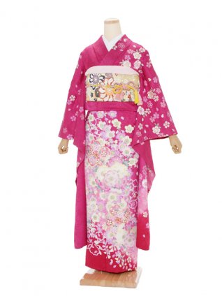 振袖レンタル315ローズピンク桜模様 | 着物レンタルの京都かしい 