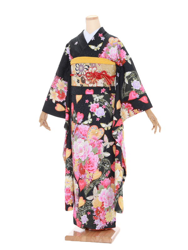 振袖レンタル789黒地ラメパステル紫桜 | 着物レンタルの京都かしいしょう