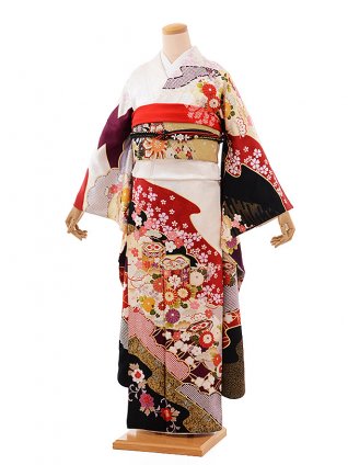 振袖レンタル556白×黒古典 | 着物レンタルの京都かしいしょう