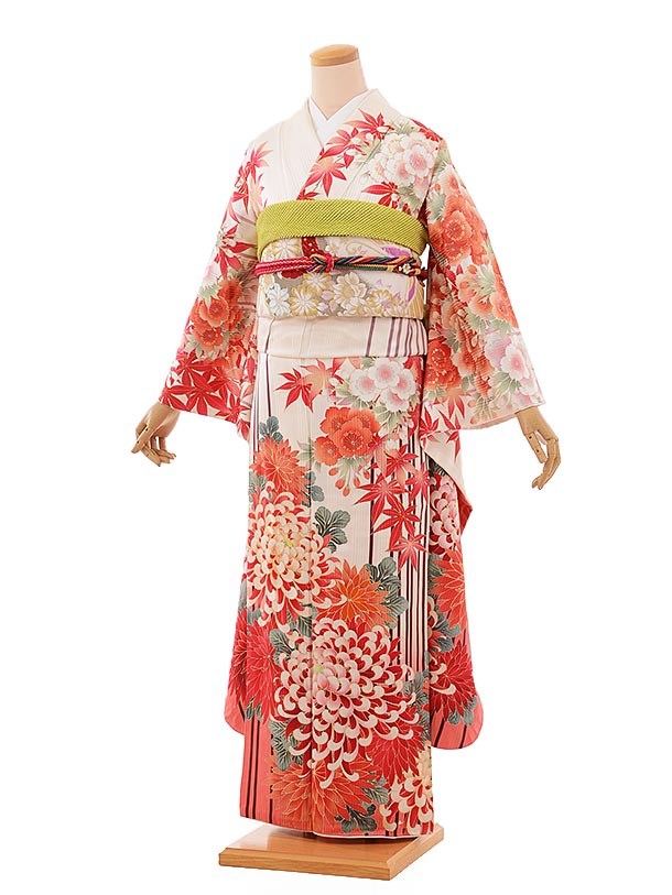 振袖レンタル676CECILMｃBEE白×オレンジ | 着物レンタルの京都かしいしょう