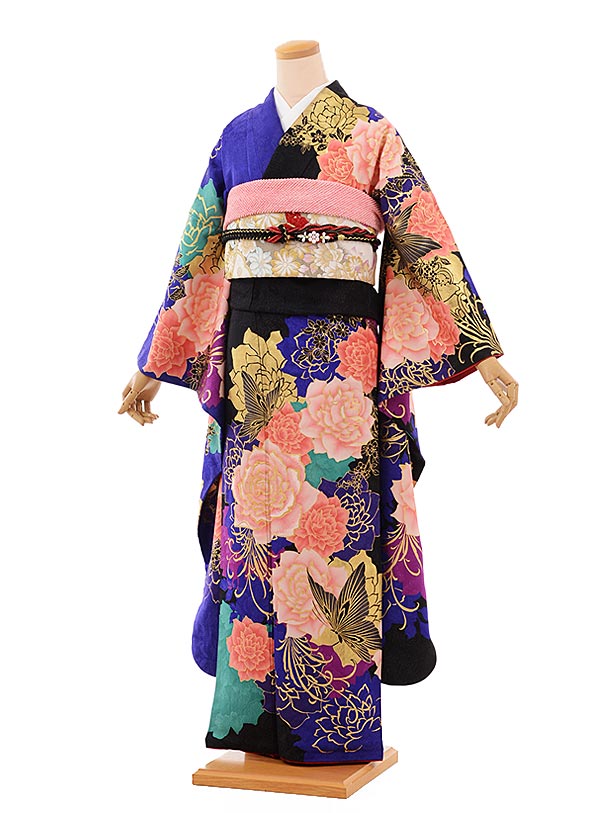 振袖レンタル1065(JAPANSTYLE)×ちはやふる紺地マリに牡丹 | 着物レンタルの京都かしいしょう