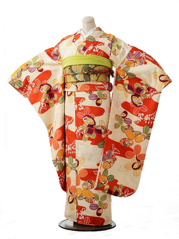 振袖レンタルQ744朱赤×クリーム色ラメ花広幅 | 着物レンタルの京都 