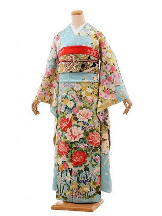 振袖レンタル758手描き友禅水色花 | 着物レンタルの京都かしいしょう