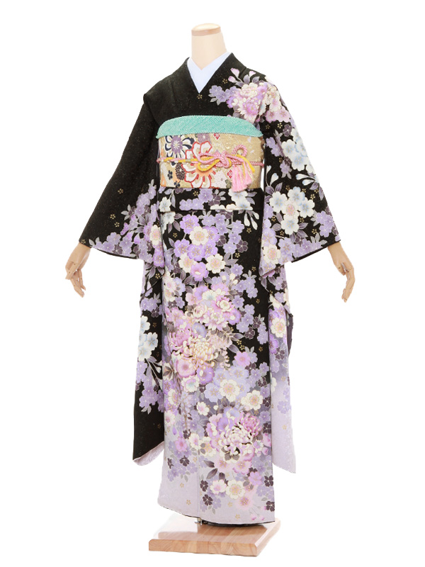 振袖レンタル789黒地ラメパステル紫桜 | 着物レンタルの京都かしいしょう