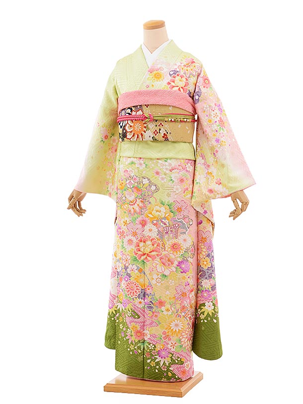 振袖レンタル845黄緑×ピンク地まり | 着物レンタルの京都かしいしょう