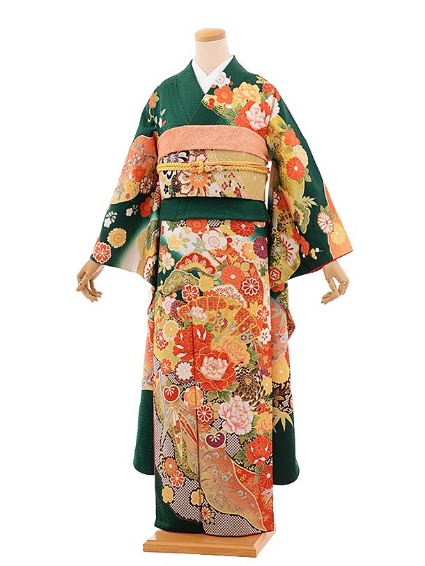 振袖レンタル847桂由美グリーン古典柄 | 着物レンタルの京都かしいしょう