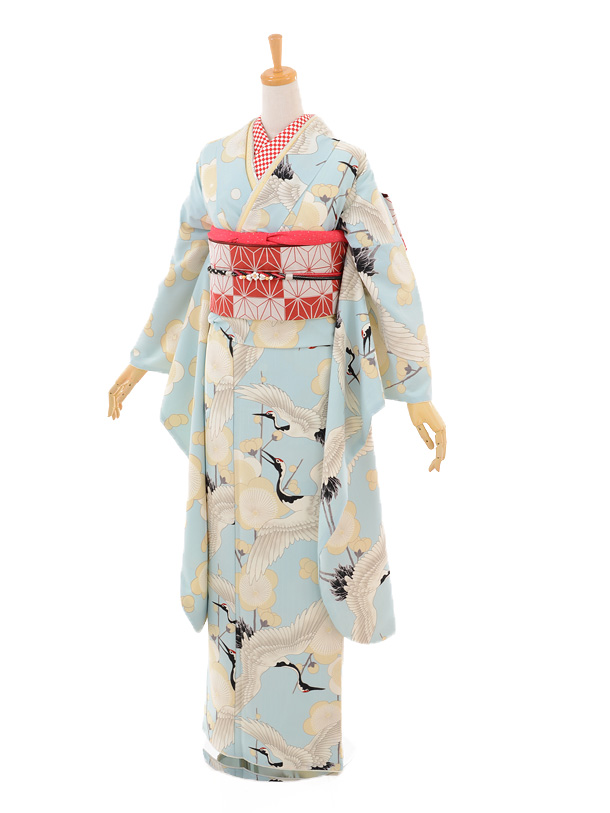 振袖レンタル866和風館水色梅と鶴 | 着物レンタルの京都かしいしょう
