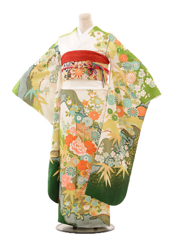 振袖レンタル929桂由美白地緑松竹梅 | 着物レンタルの京都かしいしょう