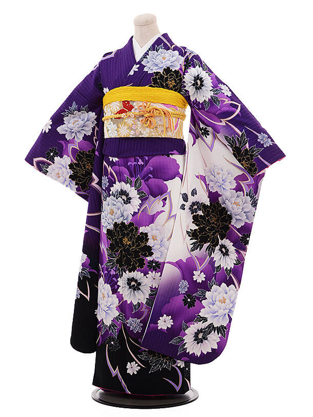 振袖レンタル964紫地ラメぼたん百合 | 着物レンタルの京都かしいしょう