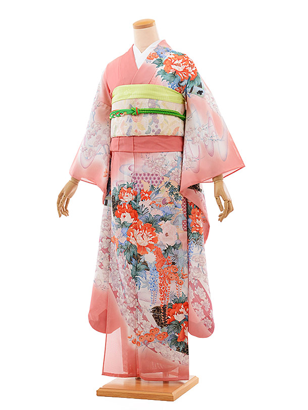 夏振袖 絽 1037 ﾋﾟﾝｸ地 扇にぼたん(化繊) | 着物レンタルの京都かしい