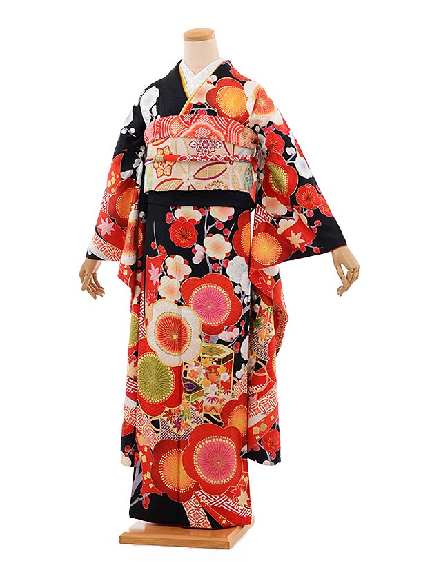 振袖レンタル1066(JAPANSTYLE)×ちはやふる黒地赤梅 | 着物レンタルの京都かしいしょう