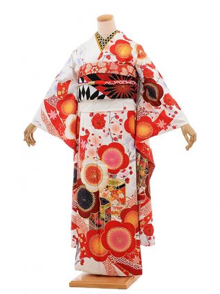 振袖レンタル1072(JAPANSTYLE)×ちはやふる白地赤梅 | 着物レンタルの 