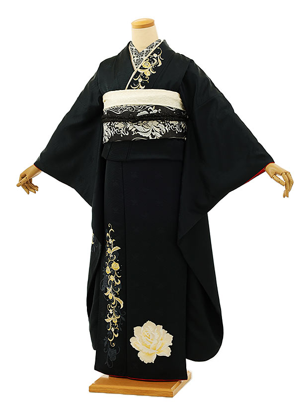 振袖レンタル1106 黒地バティック柄 刺繍バラ | 着物レンタルの京都 