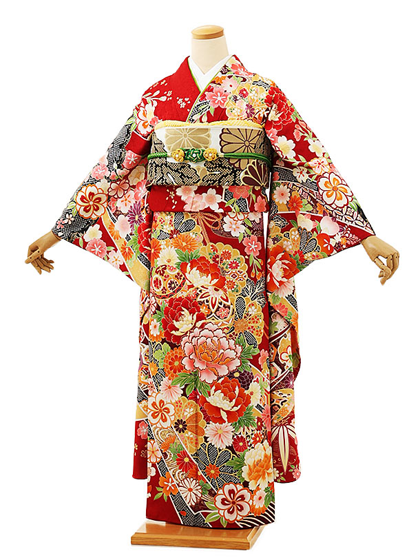 振袖レンタル1175 赤地 のしに鞠牡丹 | 着物レンタルの京都かしいしょう