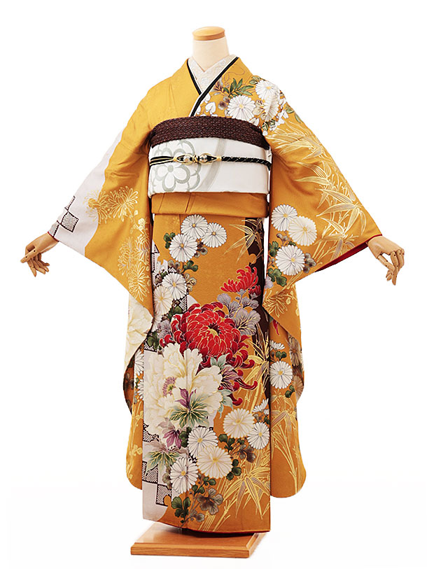 振袖レンタル1248 からし色 菊牡丹 | 着物レンタルの京都かしいしょう