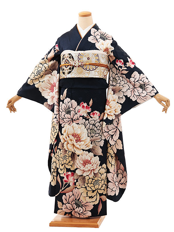 振袖レンタル1065(JAPANSTYLE)×ちはやふる紺地マリに牡丹 | 着物 