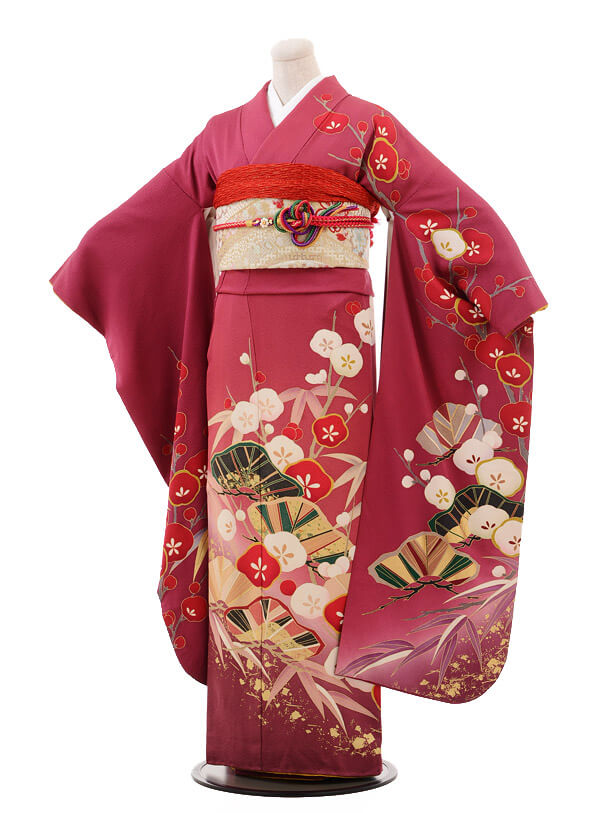 振袖レンタルE086赤ラメ淡ピンクぼかし桜 | 着物レンタルの京都かしい 